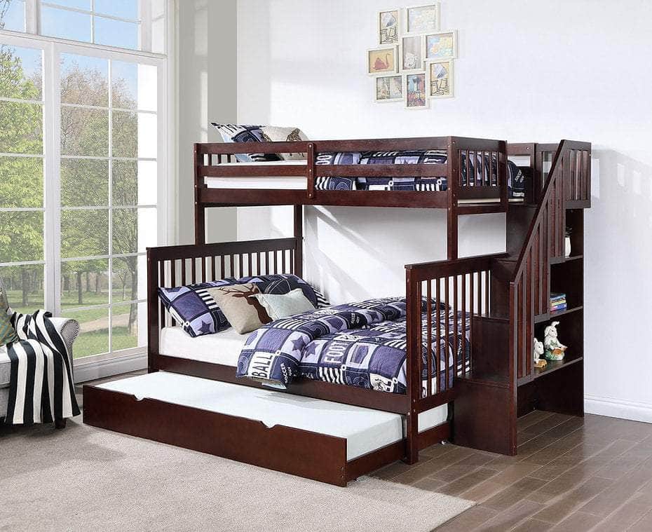 IFDC Bunk Bed Espresso / Bunk Bed with Stairway Chest and Pull-Out Trundle Columbia Solid Wood Mission Twin over Full Bunk Bed with Reversible Storage Stairway Chest - Available in 3 Colours