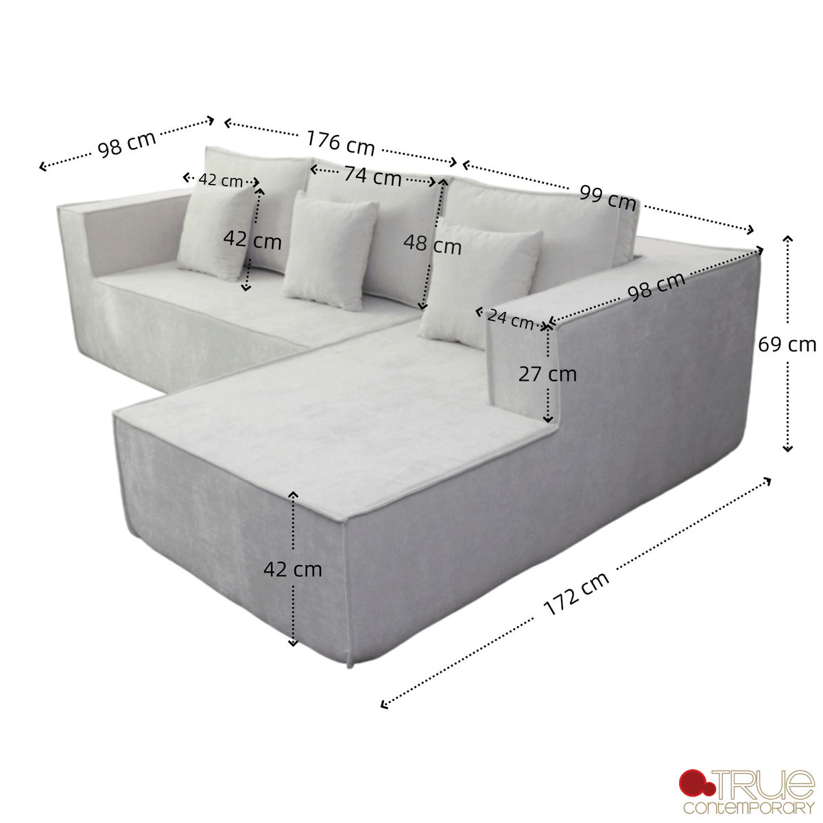 True Contemporary Sectional Solace 108.27" Wide Fabric Modular Boneless No-Assembly Compressed Floor L-Shaped Sectional Sofa - Available in 3 Colours
