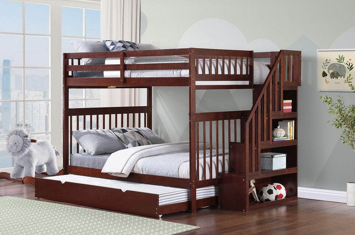 IFDC Bunk Bed Espresso / Bunk Bed with Stairway Chest and Pull-Out Trundle Columbia Solid Wood Mission Full over Full Bunk Bed with Reversible Storage Stairway Chest - Available in 3 Colours