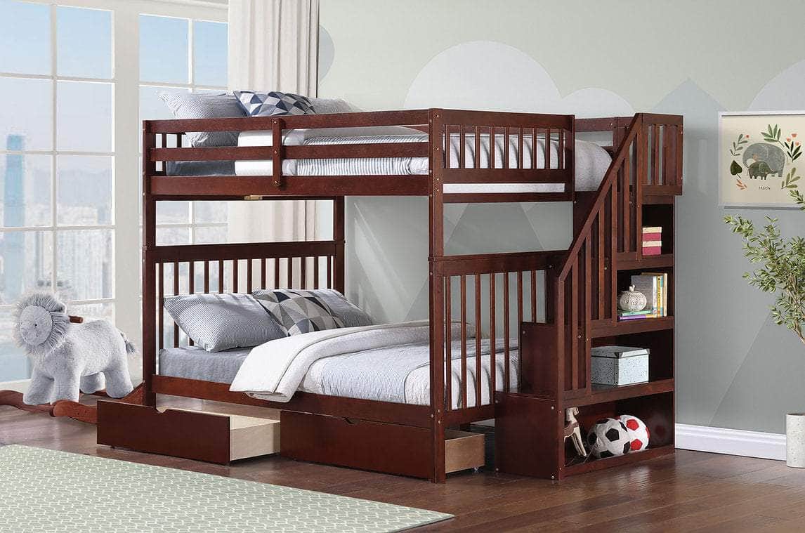 IFDC Bunk Bed Espresso / Bunk Bed with Stairway Chest and Storage Drawers Columbia Solid Wood Mission Full over Full Bunk Bed with Reversible Storage Stairway Chest - Available in 3 Colours