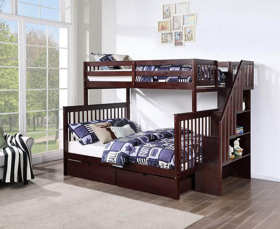 IFDC Bunk Bed Espresso / Bunk Bed with Stairway Chest and Storage Drawers Columbia Solid Wood Mission Twin over Full Bunk Bed with Reversible Storage Stairway Chest - Available in 3 Colours