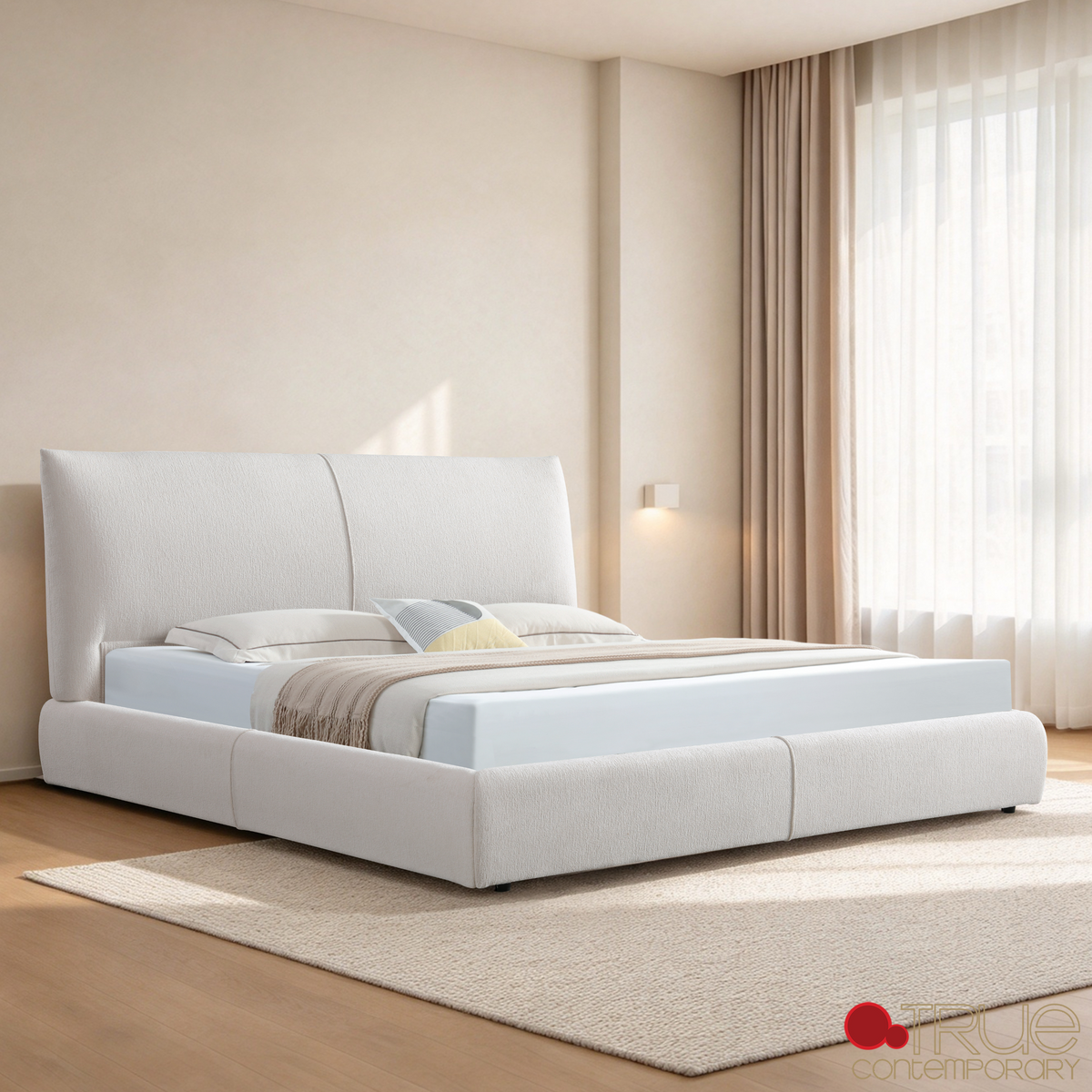 Ashford Beige Fabric Upholstered Platform Bed with Oak Legs- Available in 3 Sizes