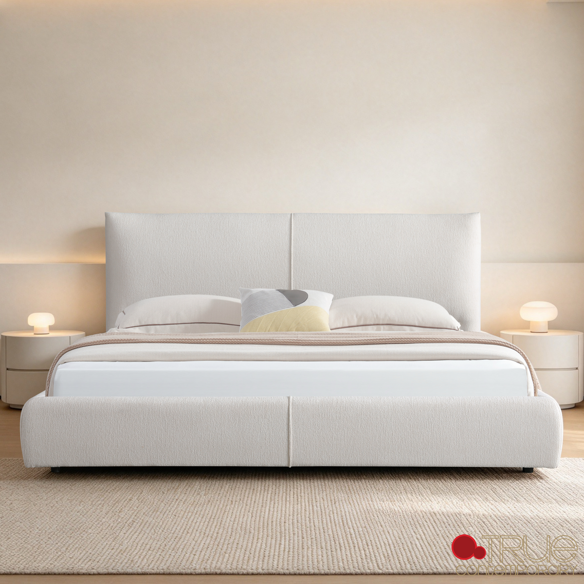 Ashford Beige Fabric Upholstered Platform Bed with Oak Legs- Available in 3 Sizes