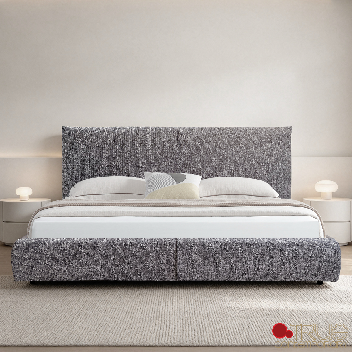 Ashford Grey Fabric Upholstered Platform Bed with Oak Legs - Available in 3 Sizes