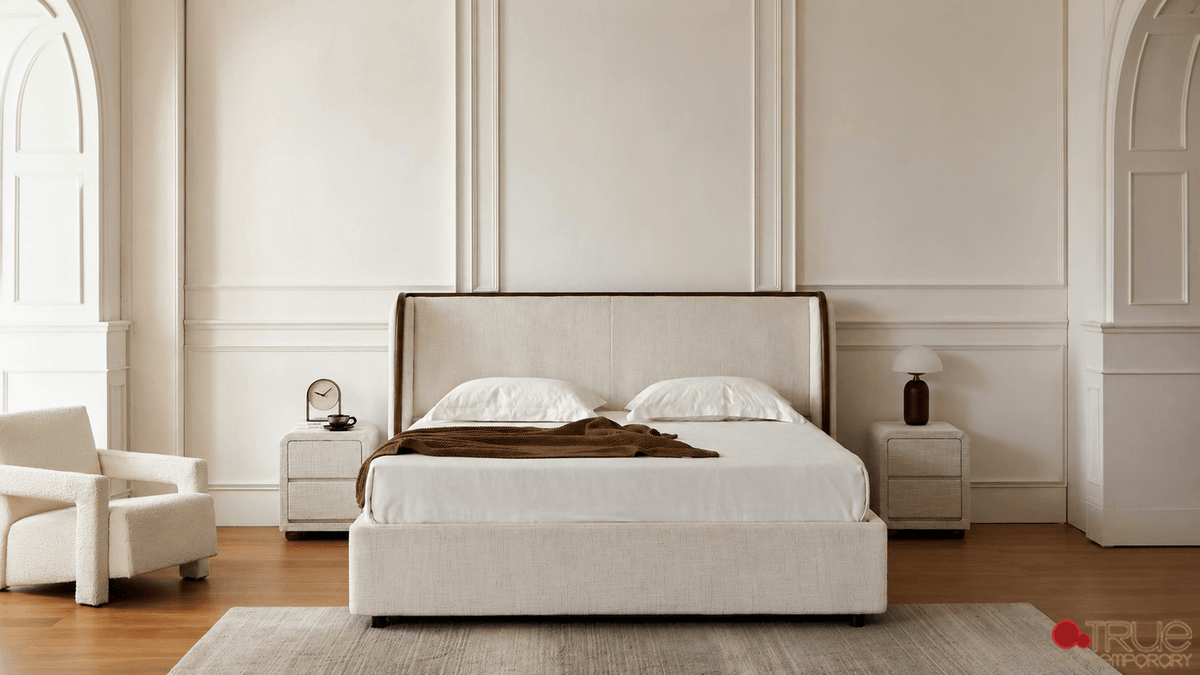 True Contemporary Bed Lumen Beige Fabric Wingback Platform Bed with LED Lighting - Available in 3 Sizes