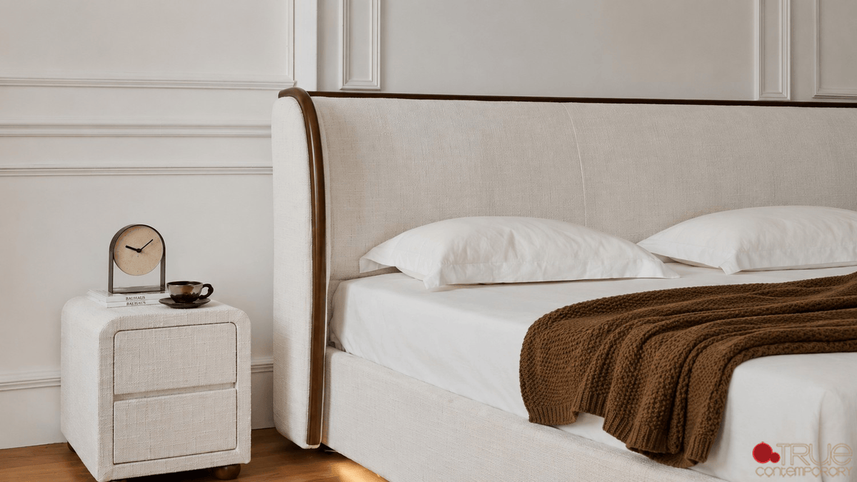 True Contemporary Bed Lumen Beige Fabric Wingback Platform Bed with LED Lighting - Available in 3 Sizes