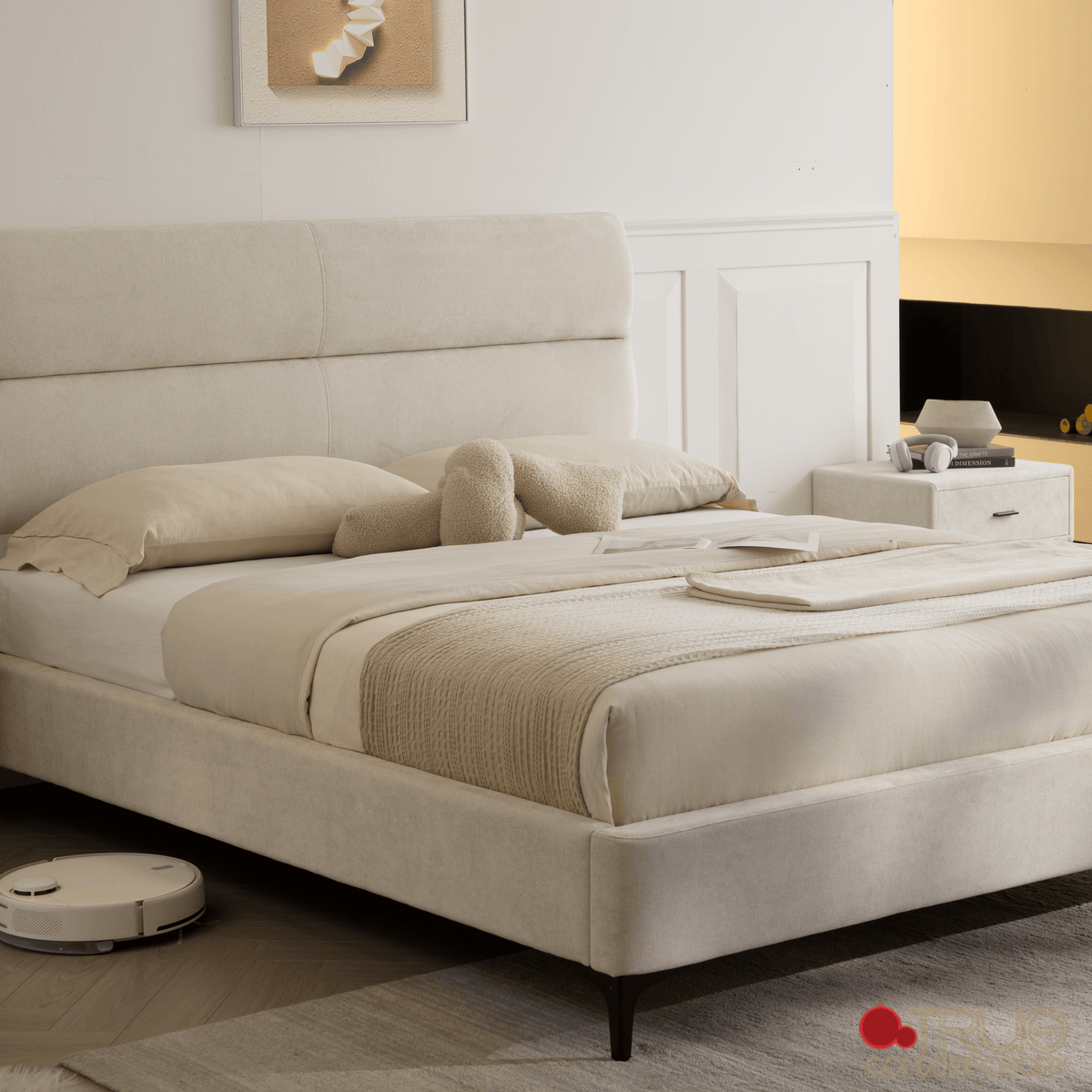 True Contemporary Bed Sutton Beige Fabric Platform Bed with Tufted Headboard - Available in 3 Sizes