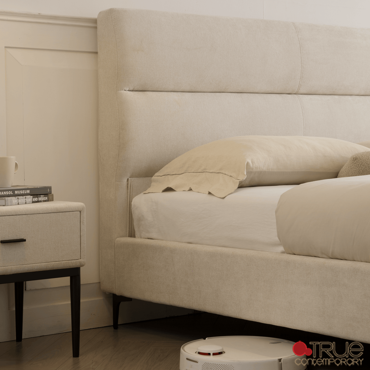 True Contemporary Bed Sutton Beige Fabric Platform Bed with Tufted Headboard - Available in 3 Sizes