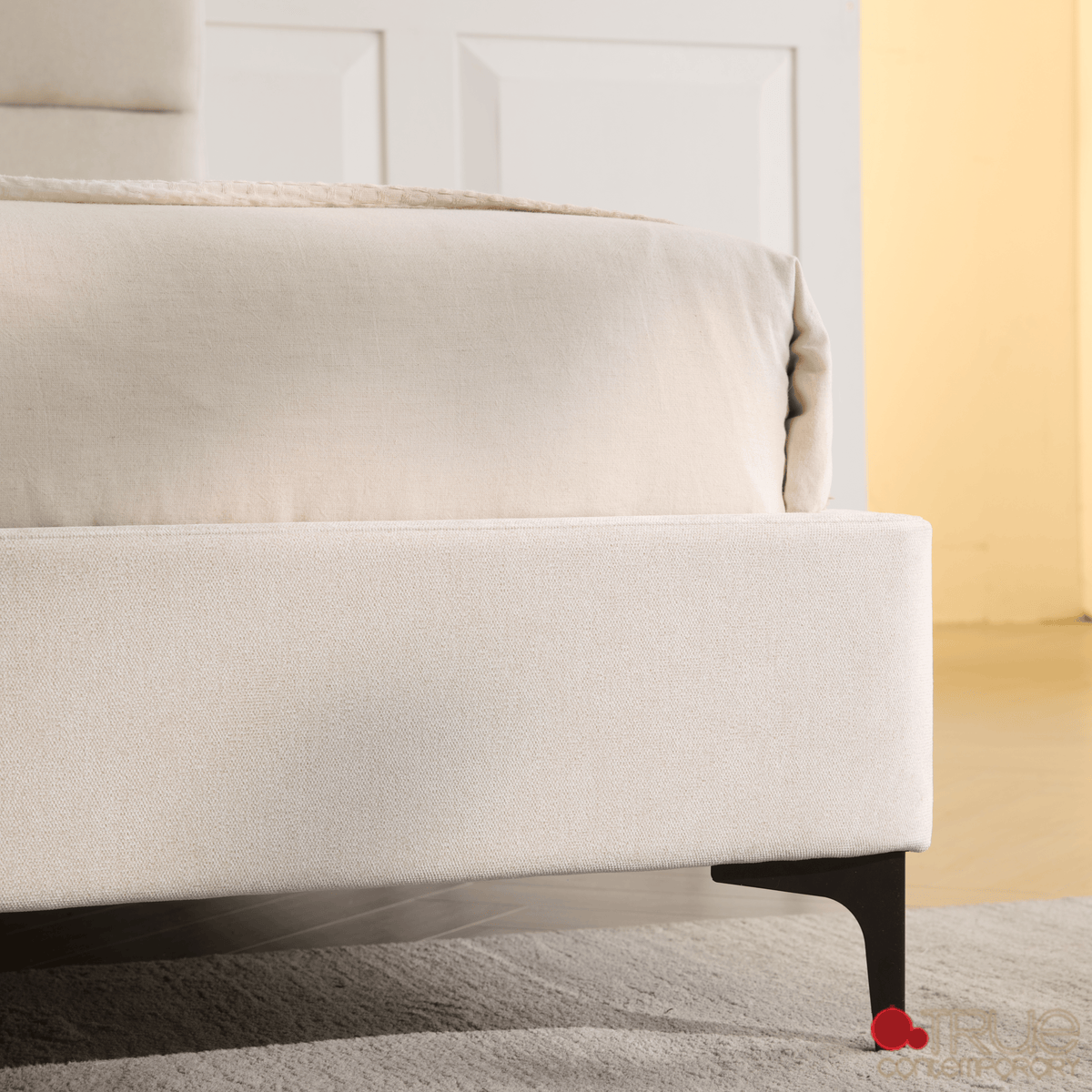 True Contemporary Bed Sutton Beige Fabric Platform Bed with Tufted Headboard - Available in 3 Sizes