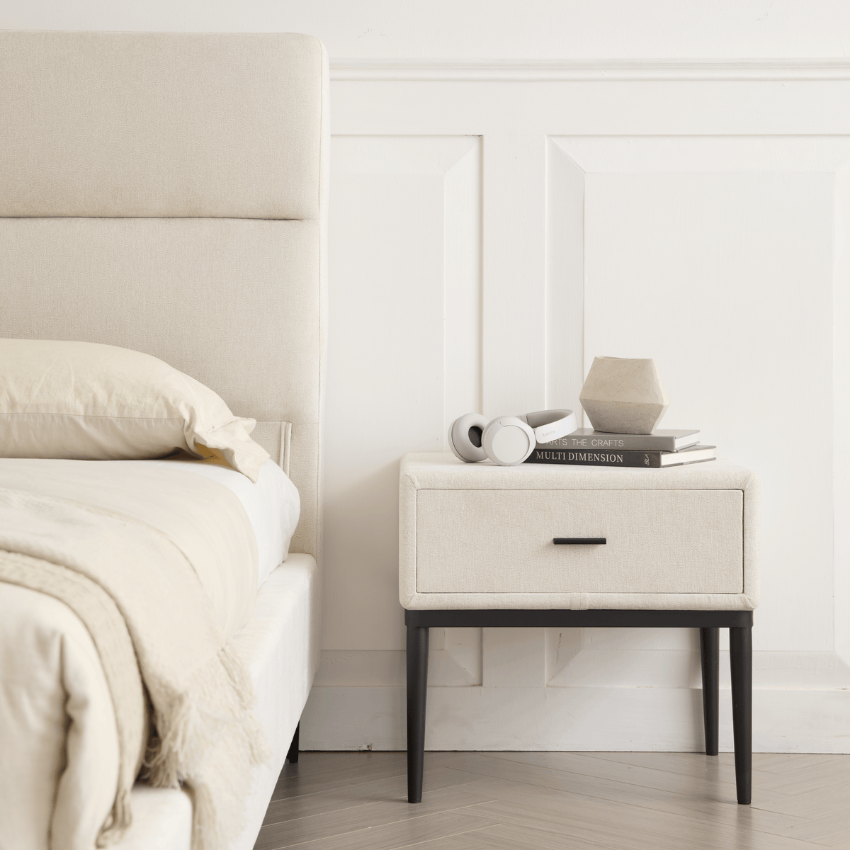 True Contemporary Bed Sutton Beige Fabric Platform Bed with Tufted Headboard - Available in 3 Sizes