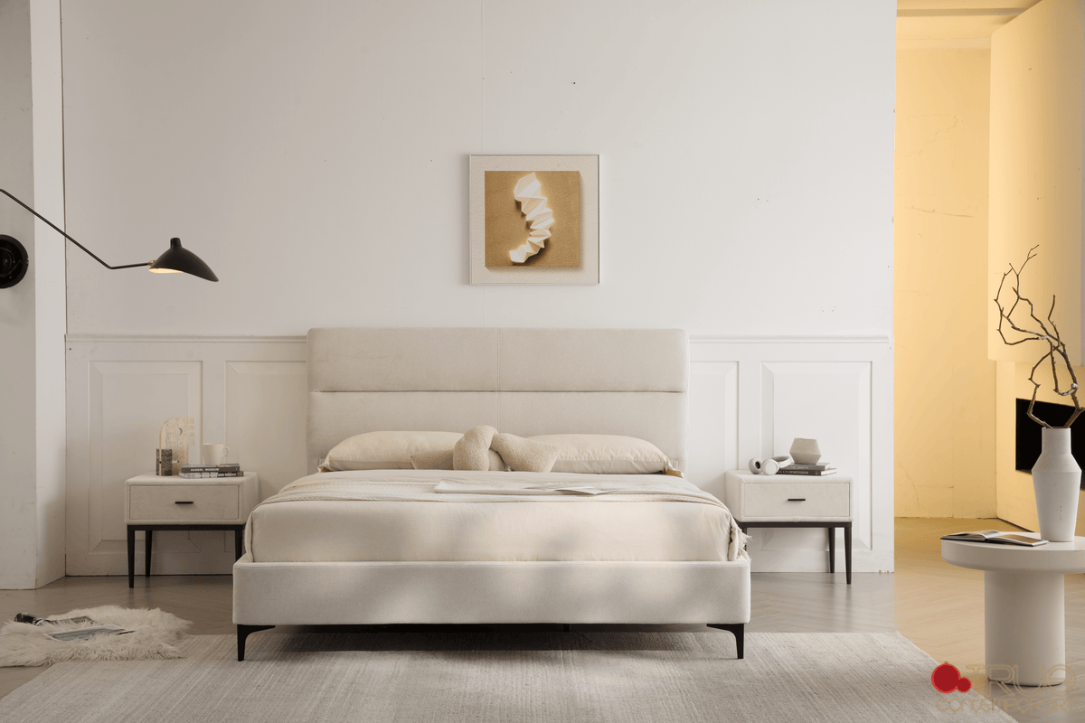 True Contemporary Bed Sutton Beige Fabric Platform Bed with Tufted Headboard - Available in 3 Sizes