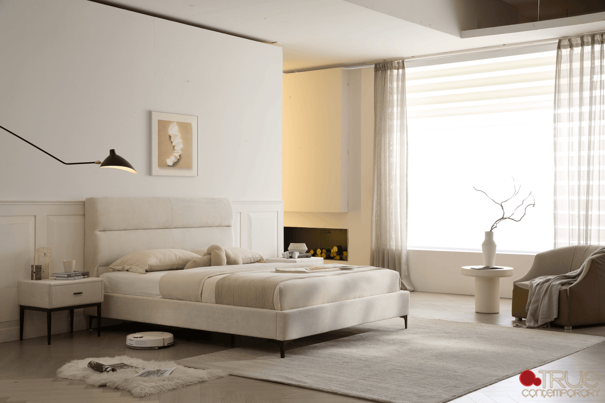 True Contemporary Bed Sutton Beige Fabric Platform Bed with Tufted Headboard - Available in 3 Sizes