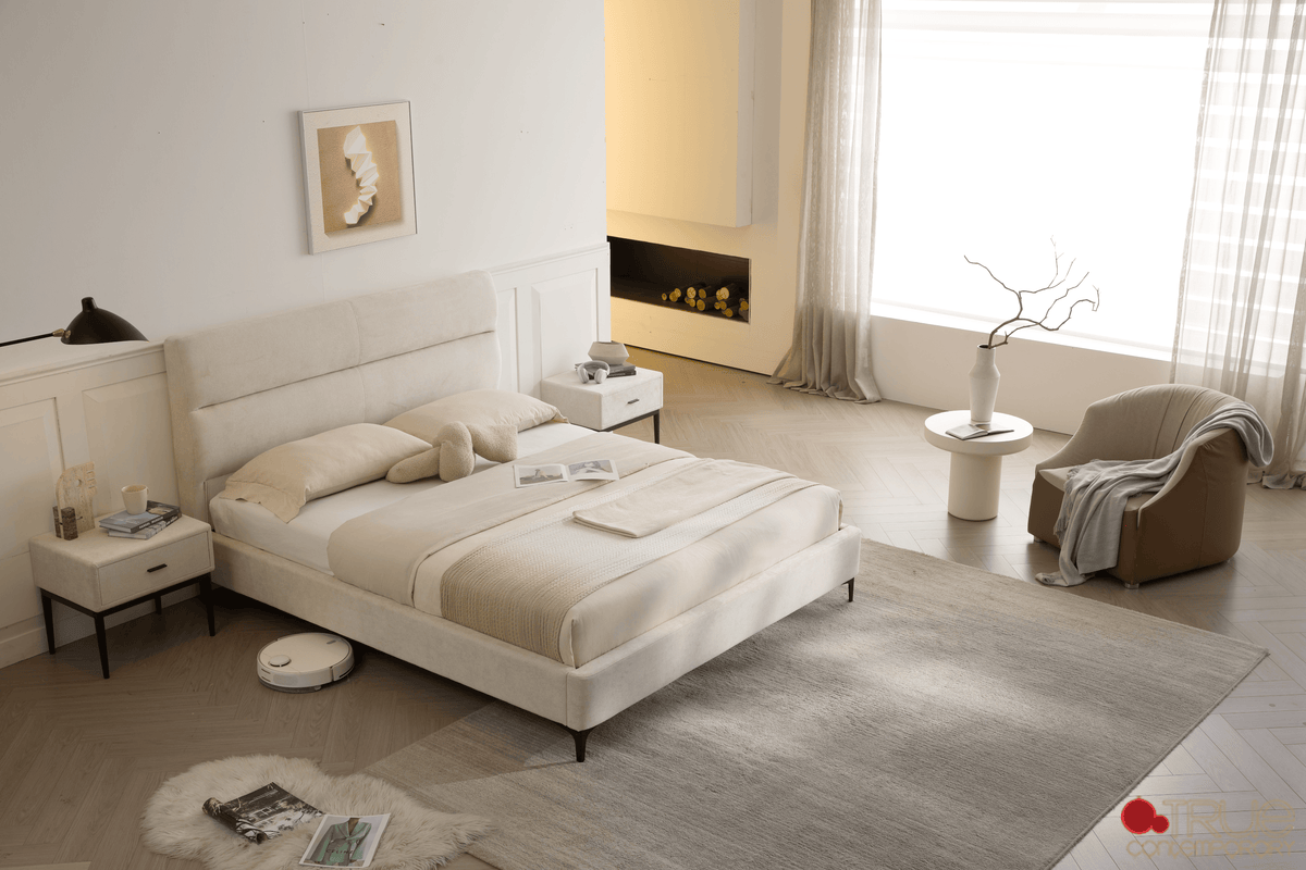 True Contemporary Bed Sutton Beige Fabric Platform Bed with Tufted Headboard - Available in 3 Sizes