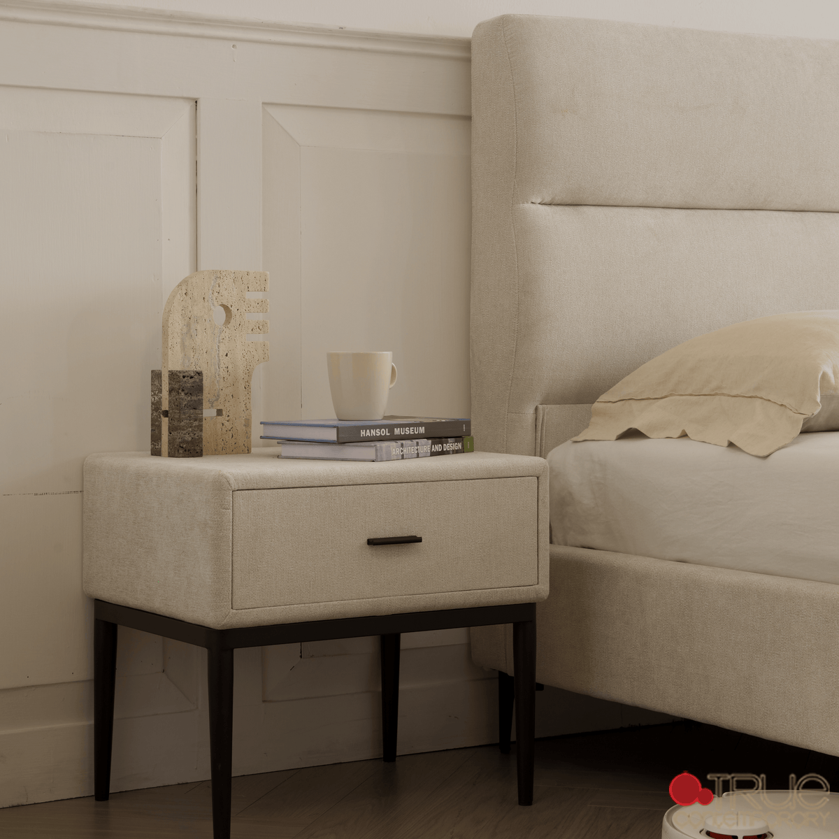 True Contemporary Bed Sutton Beige Fabric Platform Bed with Tufted Headboard - Available in 3 Sizes