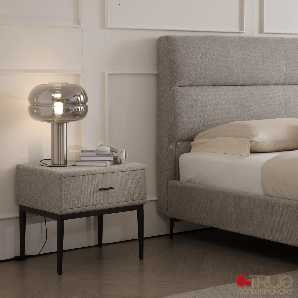 True Contemporary Bed Sutton Grey Fabric Platform Bed with Tufted Headboard - Available in 3 Sizes