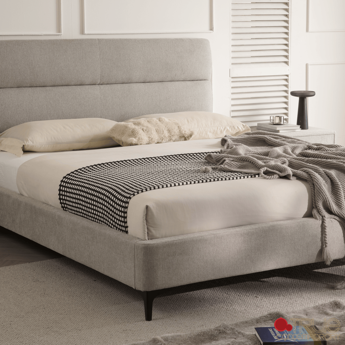 True Contemporary Bed Sutton Grey Fabric Platform Bed with Tufted Headboard - Available in 3 Sizes