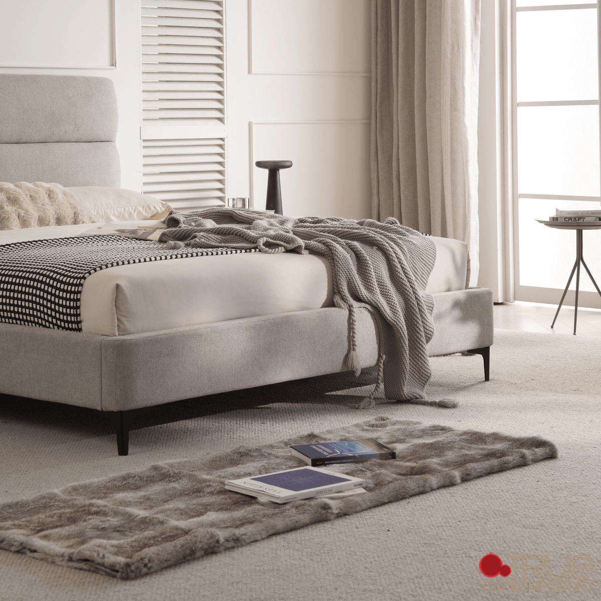 True Contemporary Bed Sutton Grey Fabric Platform Bed with Tufted Headboard - Available in 3 Sizes
