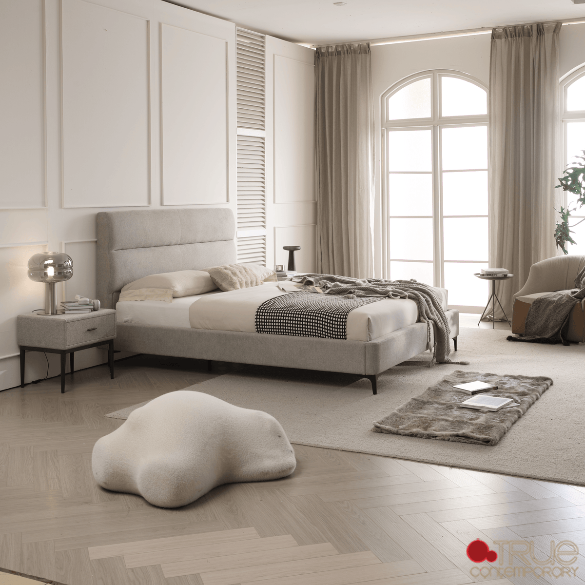 True Contemporary Bed Sutton Grey Fabric Platform Bed with Tufted Headboard - Available in 3 Sizes