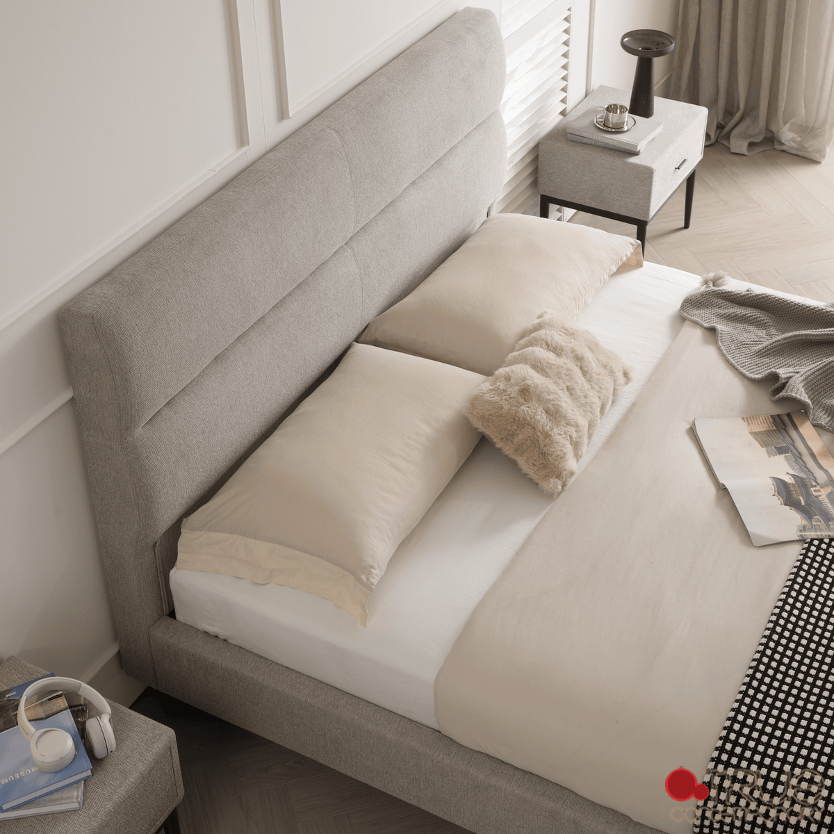 True Contemporary Bed Sutton Grey Fabric Platform Bed with Tufted Headboard - Available in 3 Sizes