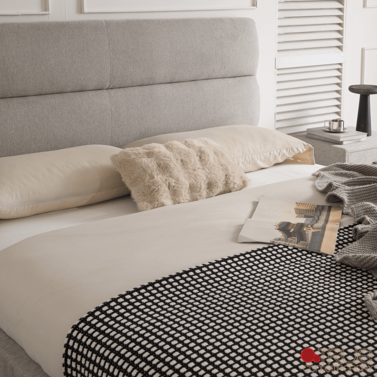 True Contemporary Bed Sutton Grey Fabric Platform Bed with Tufted Headboard - Available in 3 Sizes