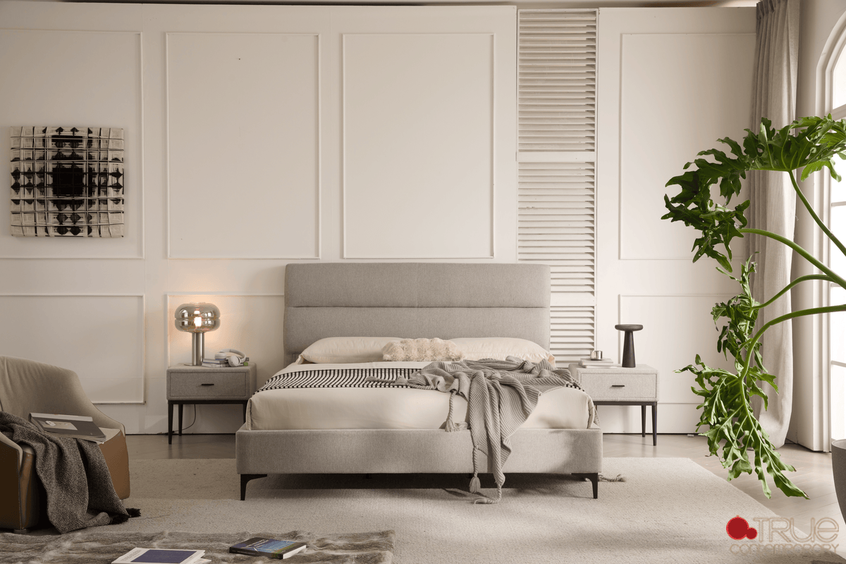 True Contemporary Bed Sutton Grey Fabric Platform Bed with Tufted Headboard - Available in 3 Sizes