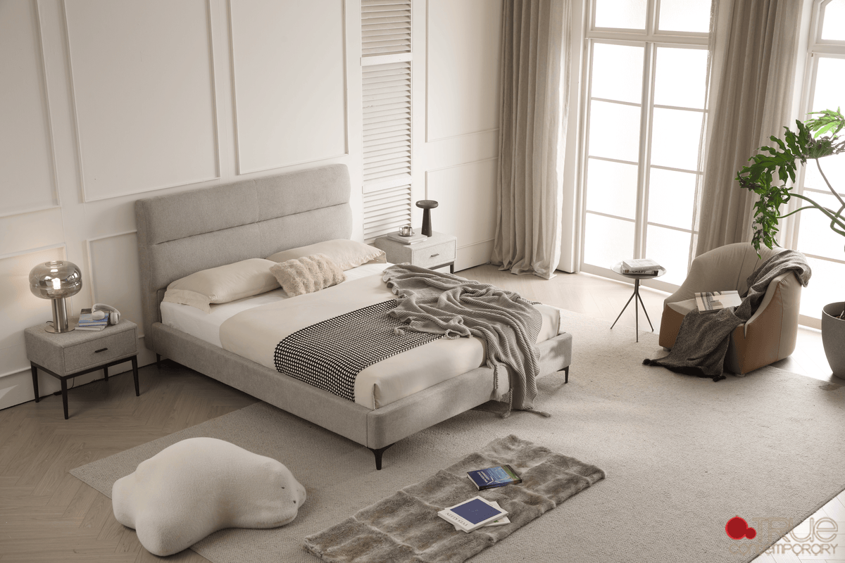 True Contemporary Bed Sutton Grey Fabric Platform Bed with Tufted Headboard - Available in 3 Sizes