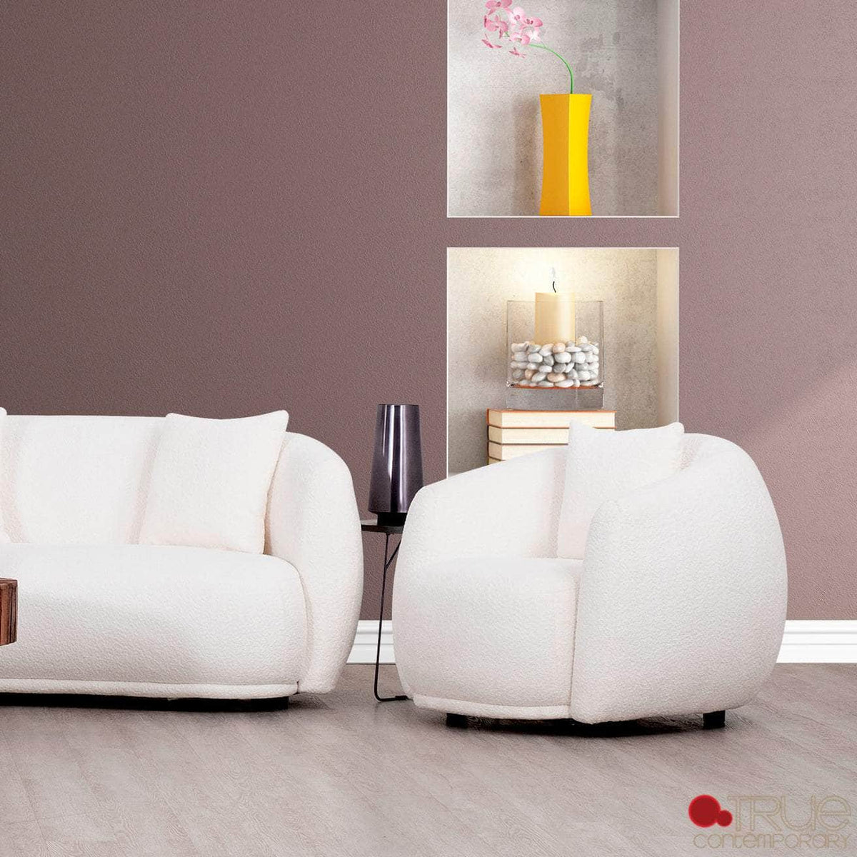 True Contemporary Archibald 2 Piece Curved Kidney Shaped Sectional Sofa and Chair Set in Wolly Ivory, image 3
