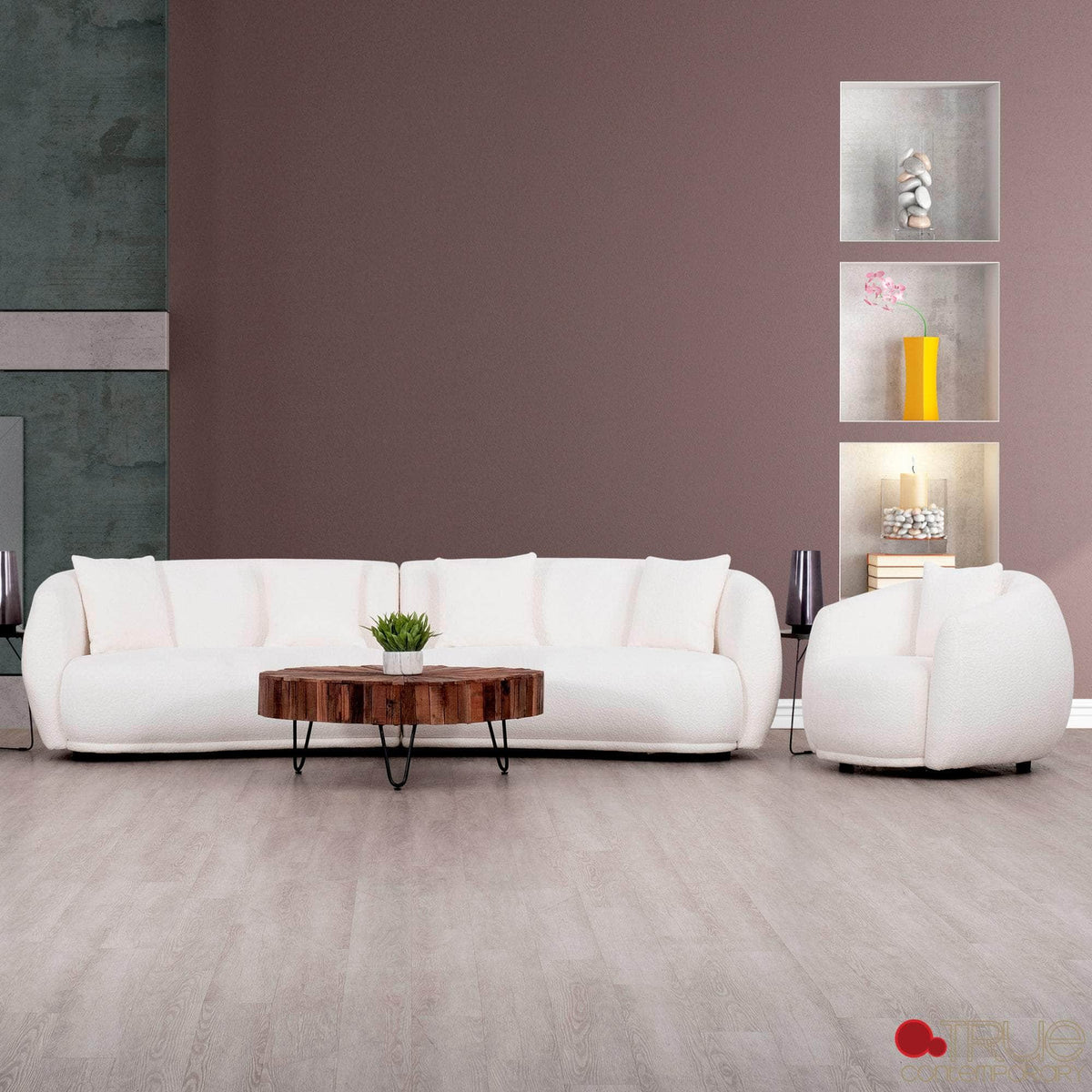 True Contemporary Archibald 2 Piece Curved Kidney Shaped Sectional Sofa and Chair Set in Wolly Ivory, image 1