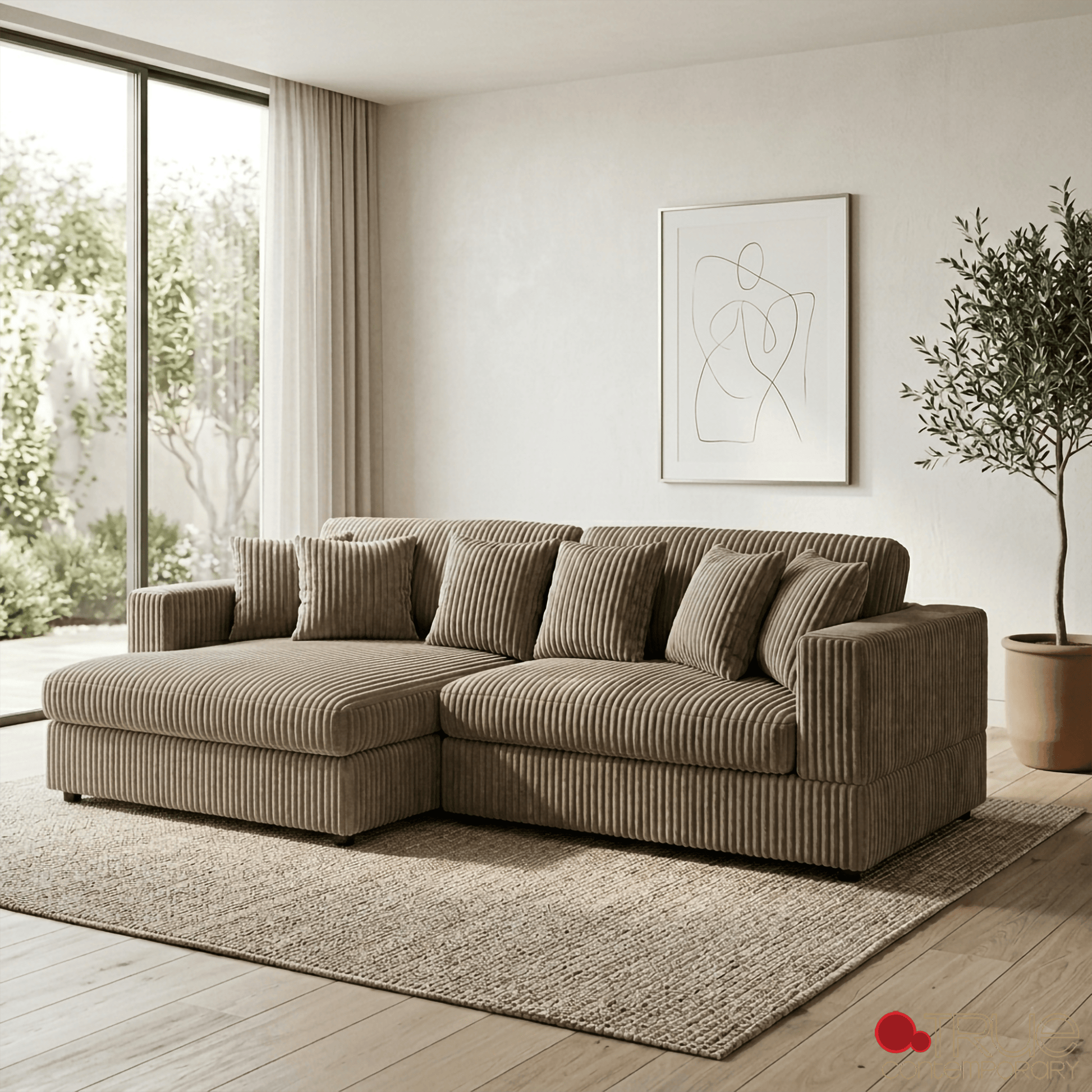 True Contemporary Ridgeway 105" Wide Small Sectional Sofa with Chaise in Minky Corduroy Fabric, image 1