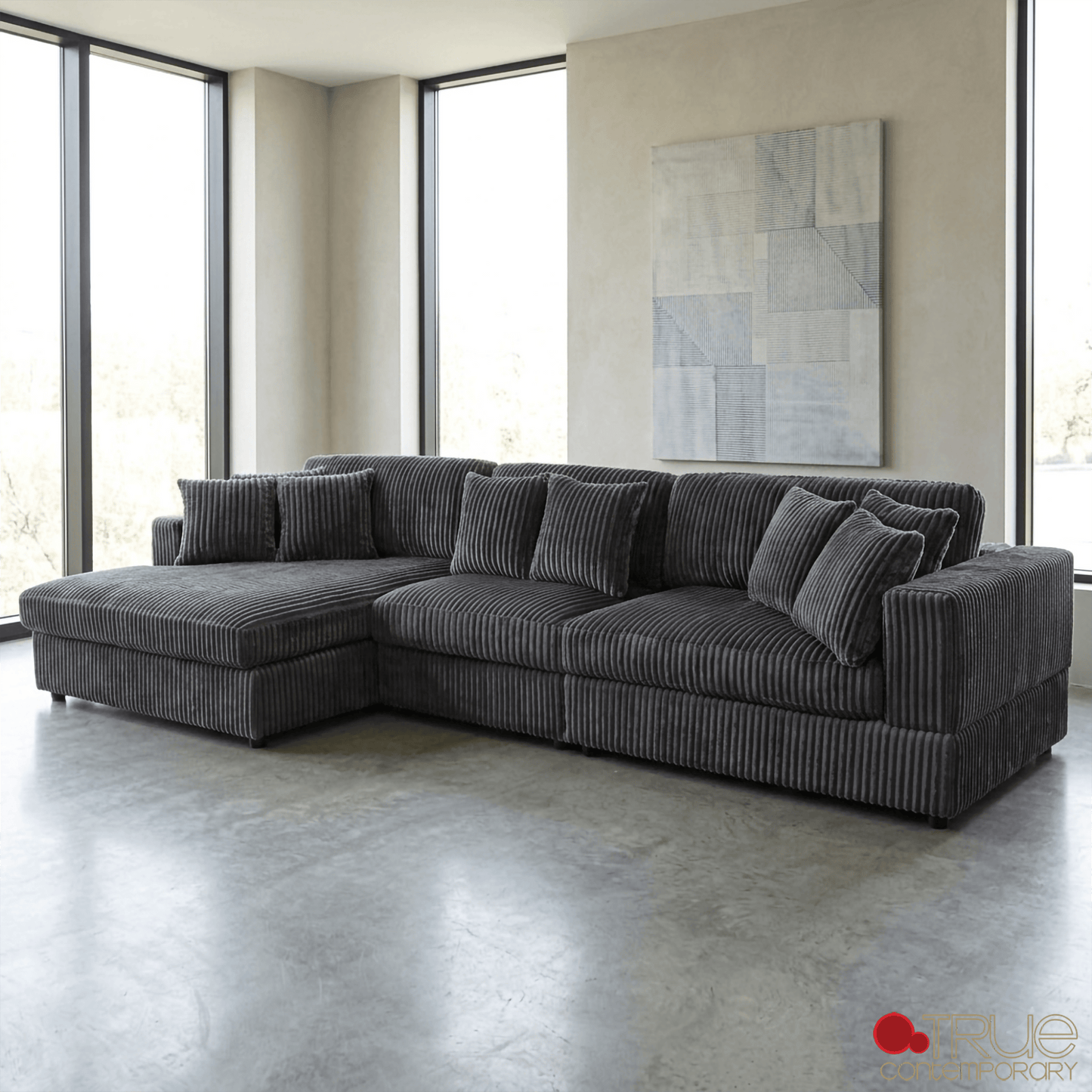 True Contemporary Ridgeway 139.5" Wide Medium Sectional Sofa with Chaise in Minky Corduroy Fabric, image 10