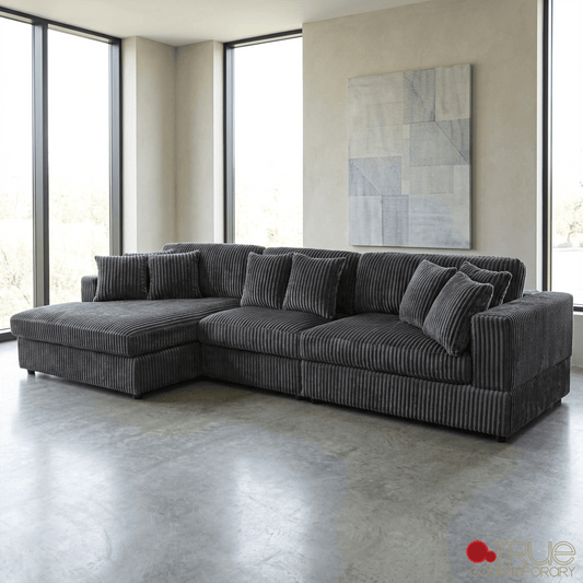 True Contemporary Ridgeway 139.5" Wide Medium Sectional Sofa with Chaise in Minky Corduroy Fabric, image 10