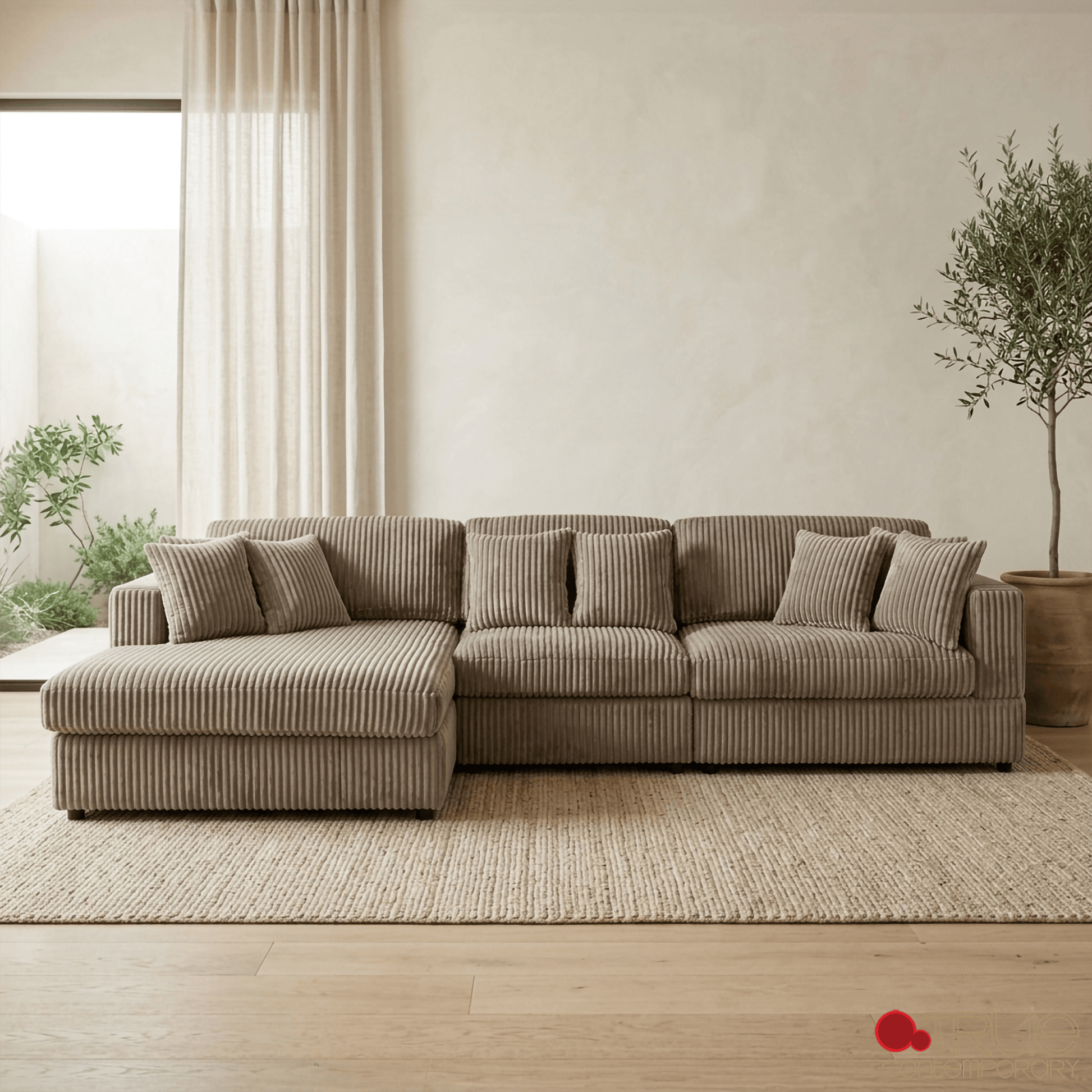 True Contemporary Ridgeway 139.5" Wide Medium Sectional Sofa with Chaise in Minky Corduroy Fabric, image 1