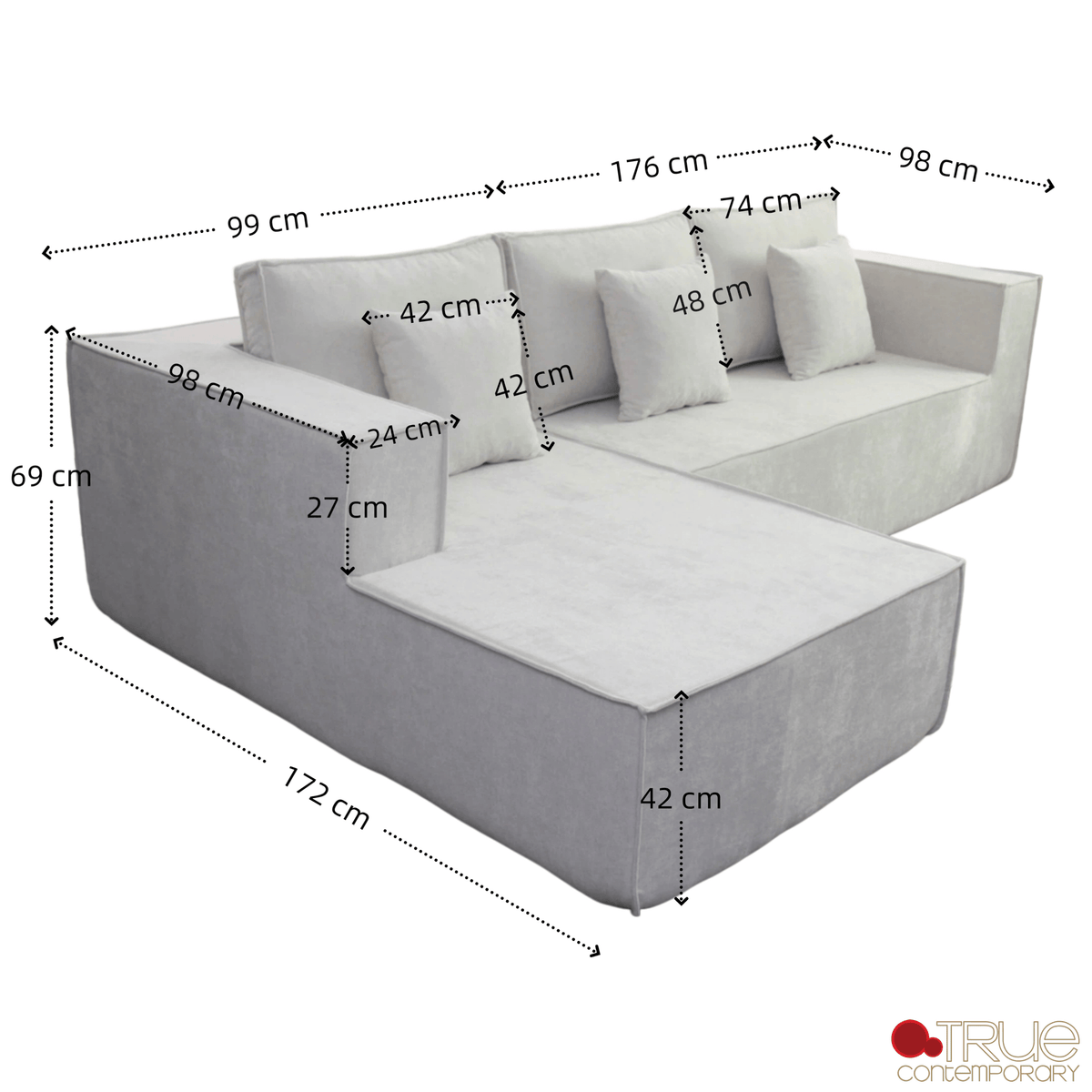 True Contemporary Sectional Solace 108.27" Wide Fabric Modular Boneless No-Assembly Compressed Floor L-Shaped Sectional Sofa - Available in 3 Colours