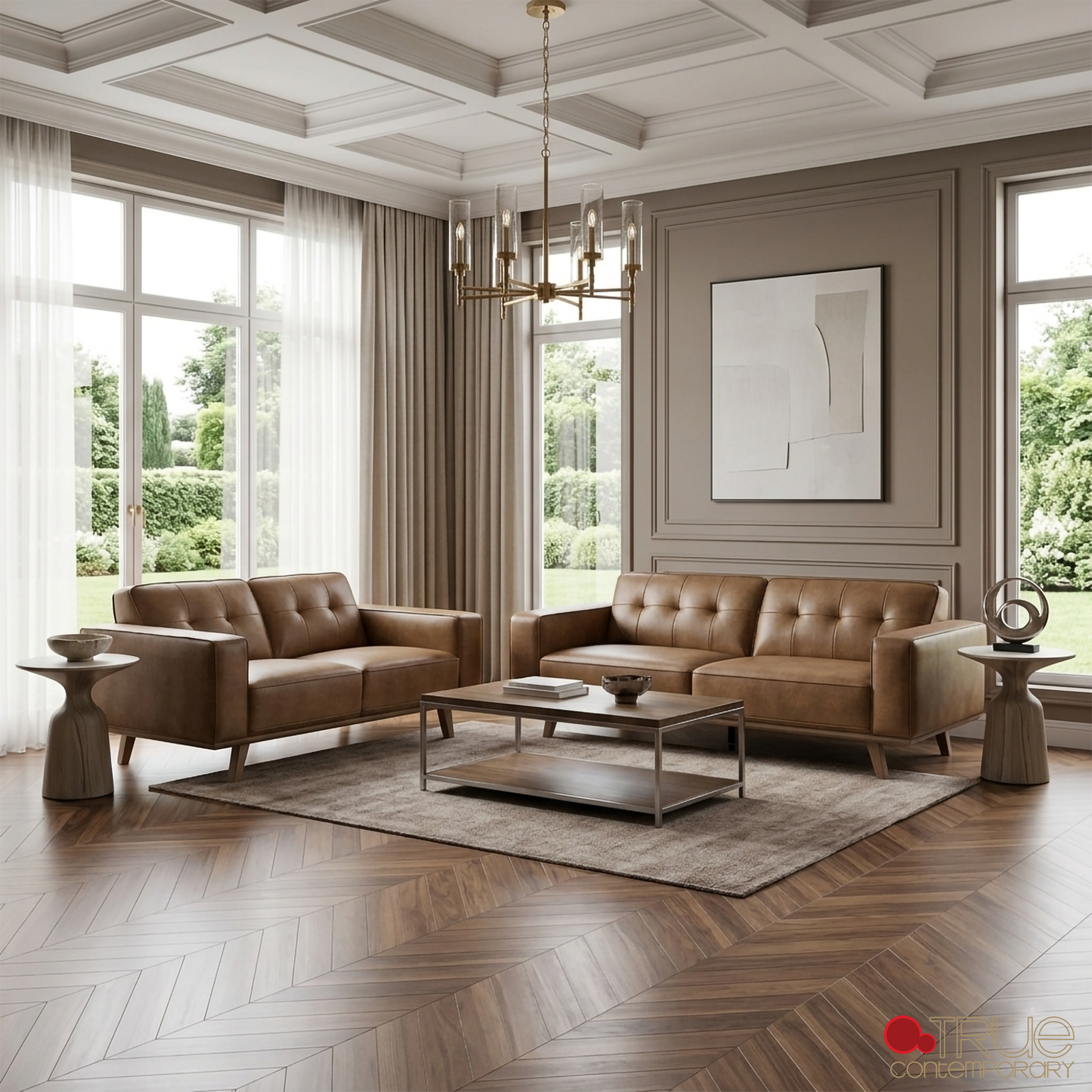 Sterling 2 Piece Tufted Sofa and Loveseat Set in Premium Tan Faux Leather
