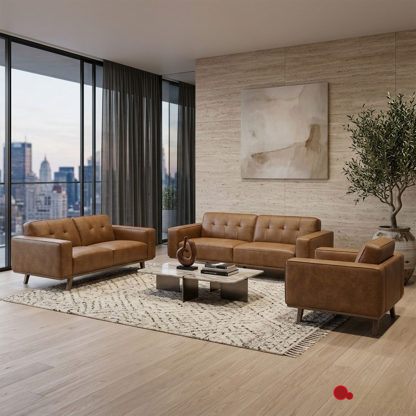 Sterling 3 Piece Tufted Sofa, Loveseat, and Chair Set in Premium Tan Faux Leather